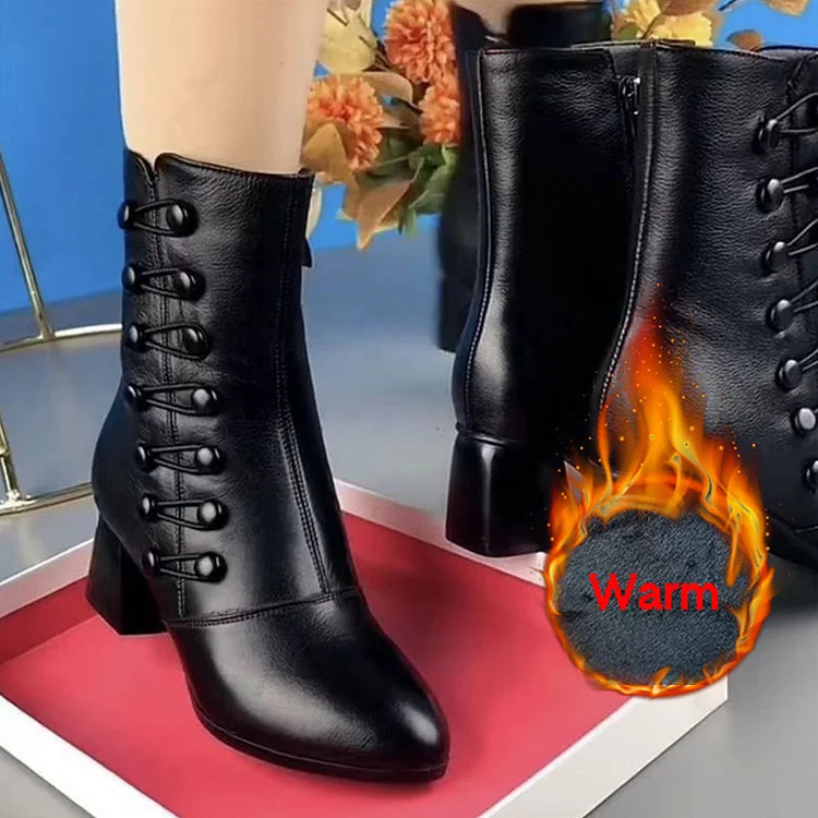 🔥Dernier jour – 50 % de réduction – Bottines chaudes en cuir pour femme avec bouton latéral et confort orthopédique