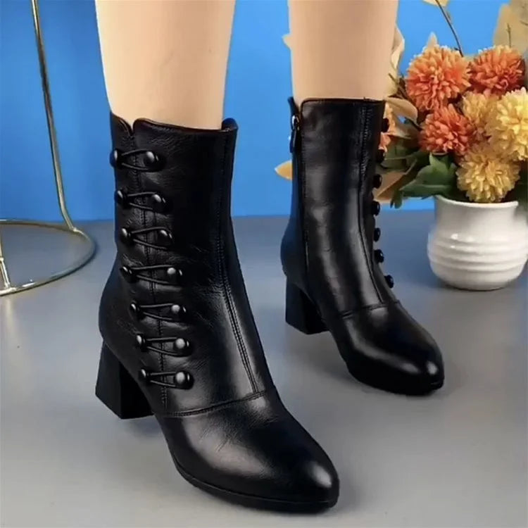 🔥Dernier jour – 50 % de réduction – Bottines chaudes en cuir pour femme avec bouton latéral et confort orthopédique